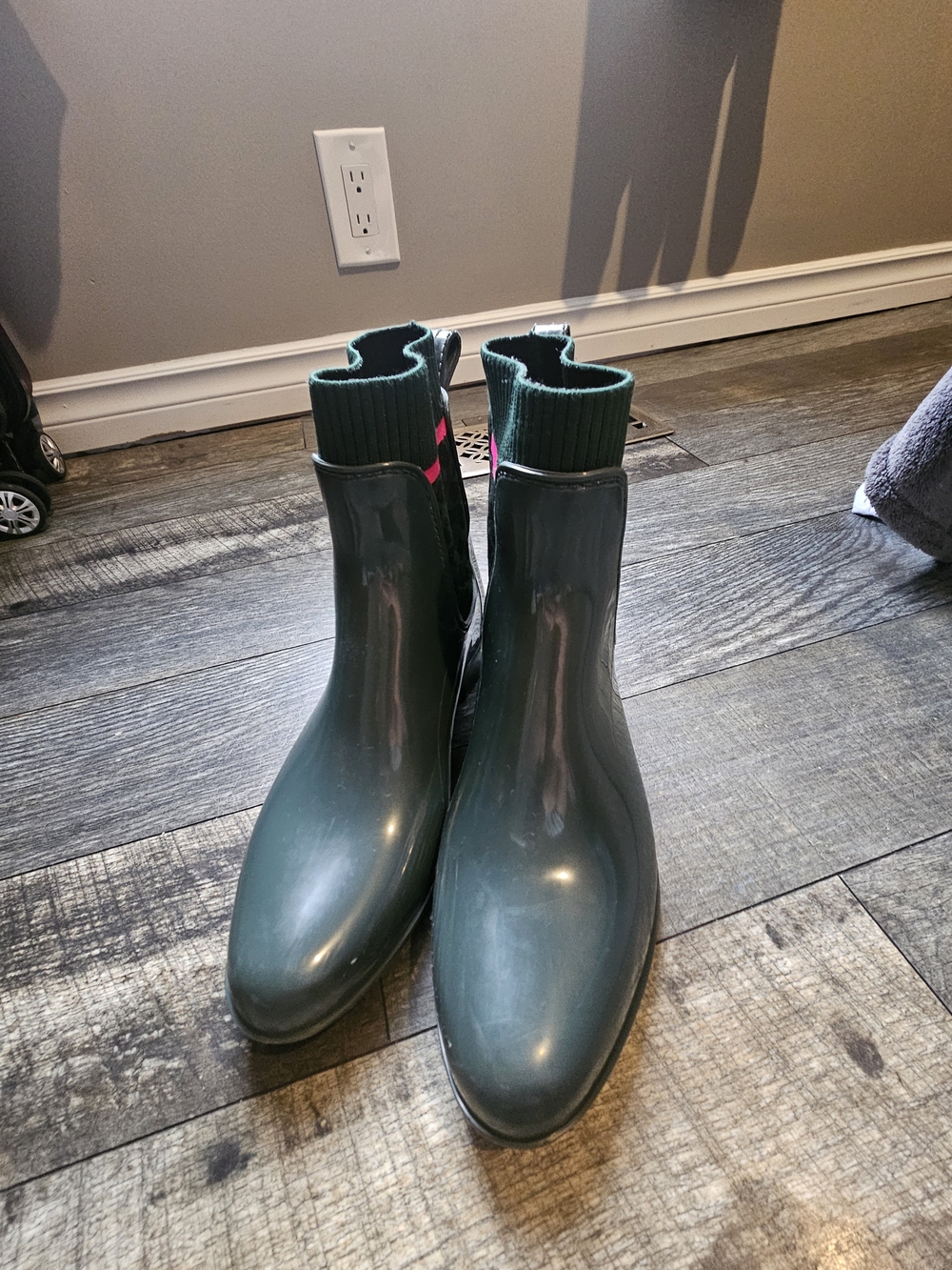 Dark Green Ankle Rain Boots with Pink Accent - Picture 3 of 5